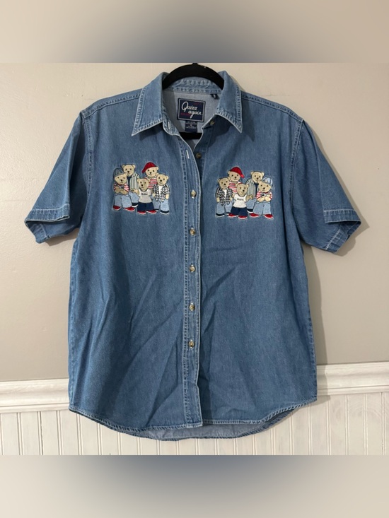 Let’s Quizz Again Tops - “SOLD”Vintage Quizz Again Button Up Denim Shirt Women’s Medium Teddy Bears